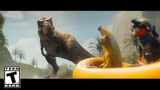 T-Rex Meets Peely & Fishsticks - T-Rex River Raft Attack Scene - Fortnite Animation Game Clip 4K
