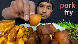 PORK FRY WITH RICE + POTATO FRY + DAL + SAG + GREEN CHILLI EATING ASMR | FOOD EATING VIDEOS