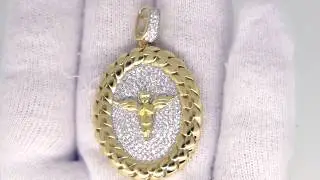.925 Sterling Silver Cherub Angel Gold Cuban Oval CZ Pendant MSP1034G