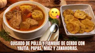 GUISADO DE POLLO Y FIAMBRE DE CERDO CON YAUT&Iacute;A, PAPAS, MA&Iacute;Z Y ZANAHORIAS.