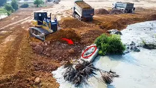 Huge Machines team process delete pit removal mud to landfill up by 2SHANTUI DH7C3 with dump truck