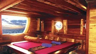 Sailboat cabin Ambience | Wood creaking Waves Seagulls Sailing | ASMR
