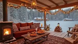 Cozy Snowy Porch Jazz Mood ❄️ Lantern Lights & Fireplace | Smooth Jazz for Winter Calm