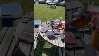 Picnic table with black electric guitar and BBq 🍖 getting ready #BBQ