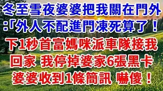 冬至雪夜婆婆把我關在門外：「外人不配進門凍死算了！」下1秒首富媽咪派車隊接我回家，我果斷停掉婆家6張黑卡，婆婆收到1條簡訊徹底傻了！#詩涵講故事#為人處世#生活經驗#情感故事#晚年哲理#說故事#完結文