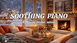 Soothing Piano Music & Fireplace Sounds in a Snow Fall Day ❄️ Cozy Living Room for Deep Relaxation.