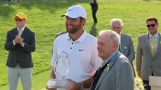 Jack Nicklaus presents trophy to Scottie Scheffler at Memorial Tournament