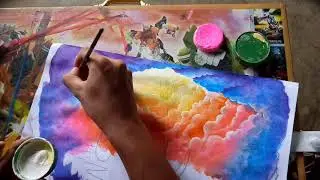 membuat background kaligrafi kontemporer | awan berlapis dan Tebing