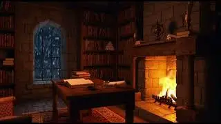 Medieval Study - Rainy Night by the Fire ❄️🔥 | Cozy Winter Fireplace Sounds