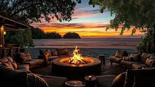 NO ADS 🌅 Oceanfront Fire Pit Sunset Ambience | Cozy Outdoor Lounge & Calm Ocean Waves for Deep Sleep