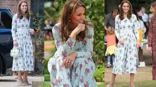 The Duchess of Cambridge in Floral Motif Belted Midi Shirt Dress in Light Blue