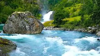 4k Blue Mountain River by Waterfall. River Sounds, Flowing Water, Nature Sounds, White Noise 10 hrs.