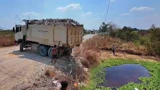 New Landfill Task! Be Careful! Dump Truck 25.5Ton Unload with Dozer skill Push Stone Soil clear Land