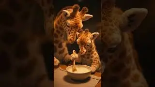 Giraffe mom & baby bake a giraffe cake 🦒🎂💛  #cuteaianimals