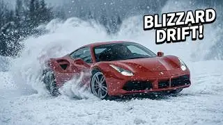 POV Ferrari Driving Through A Blizzard Mountain Pass