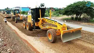 Perfect Team Grader Mixing Gravel Making Village Roads  Grader Spreading Gravel Action Skills
