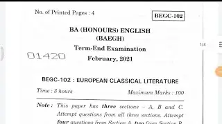 BEGC-102, European classical literature/old question paper December 2020