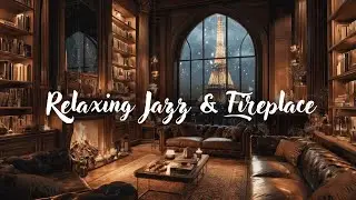 Paris Bookstore Cafe Ambience☕️ Relaxing Winter Jazz Music & Fireplace Sound for Working, Studying