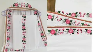 Easy Fabric Painting.Hand painted Suit.Pink Flowers.White Dupatta design.Frock.Table cover.