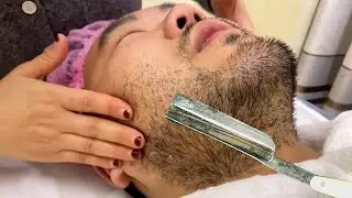 💈ASMR|Remove thick beards from man's face and dead skin from ladie's face.🪒Crazy shaving skills!