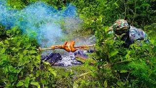 Put your worries aside and cook chicken. Cooking in the forest. birdsong
