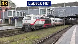 Bahnverkehr in L&uuml;beck Hbf mit Br 218 + Intercity, Br 101, Akku FLIRTs, KISS und Br 623