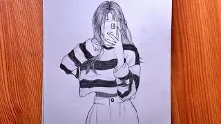 Girl taking selfie pencil drawing ||pencil art of girl hiding face||easy drawings 