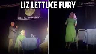 Liz Truss storms off stage after lettuce banner appears behind her during speech in awkward prank