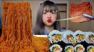 RABOKKI (ramen + tteokbokki) 😍, WHITE & BLACK KIMBAP, & CHEESE STUFFED SPAM 라볶이, 김밥, 치즈 통 스팸 먹방입니당