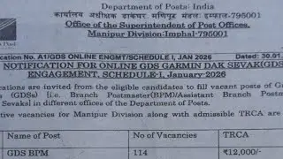 Recruitment For India GDS Manipur Division 2026 | Latest Job Information 