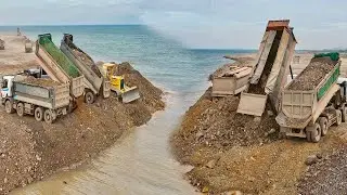 Launching a project to dump soil and rocks into the sea Komatsu D58p Dozer Pushing Soil Stone Fillin