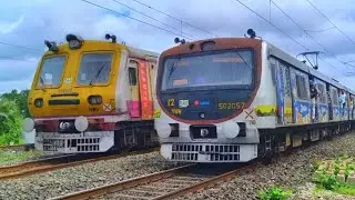 Train Traffic Crossing : Stainless Steel Colored BEML Emu Local Overtake Old Aerodynamic Emu Local 