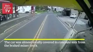 Reckless car gets 'mixed up' by cement mixer truck