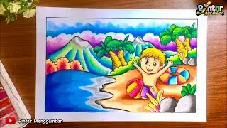 cara menggambar dan mewarnai tema berlibur ke pantai dengan crayon #pantai #drawing #crayon