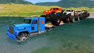 Double Flatbed Trailer Truck Rescue Monster Trucks vs Deep Water - BeamNG.drive 040