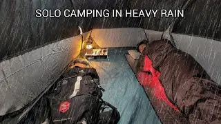 SOLO CAMPING IN HEAVY RAIN WITH THUNDERSTORM - SMALL TENT IN THE RAINSTORM - ASMR