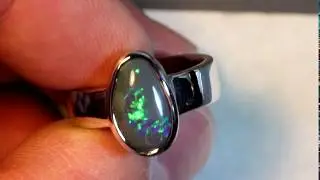 Solid Lightning Ridge Rare Black Opal Sterling Silver 925 Ring Size 7.5 BOPR001
