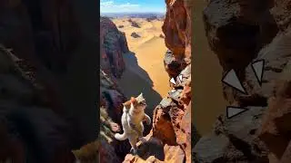 The struggle of a mother cat and her cubs on a desert cliff