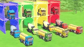Trucks With COLORS - KAMAZ MIXER TRUCK and MAN TANK TRUCKS with MERCEDES FLATBED TRAILER TRUCK