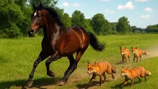 Andalusian Dark Bay Horse Chased by a Group of American Red Foxes