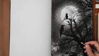 Easy Crow & Moonlight Sketch Tutorial for Beginners #art #sketching #charcoaldrawing