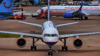 Icelandair B757-200 TF-FIN taxis into Stand at Manchester Airport 