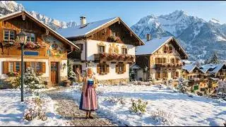 Спокойная зимняя утренняя прогулка в Миттенвальде 🇩🇪 | Солнечный баварский альпийский городок в 4K
