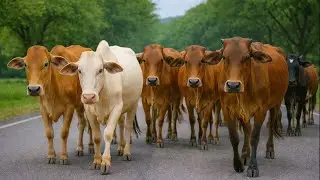 Puluhan sapi lembu jinak di desa berjalan dengan tenang melewati bukit menuju ke ladang desa