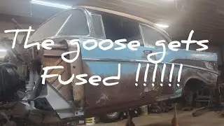 Welding trifive 1957 Chevy blue goose to lt1 powered Buick roadmaster chassis floor body swap