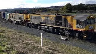 TasRail TR08 TR17 #33 train rounding the East Tamar Wye and stopping