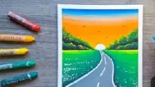 ⭐ How to Draw a Sunset Road Scenery l Easy Oil pastel Landscape for Begi....