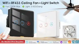 WiFi RF433 Fan Ceiling Switch No Neutral Wire 2 in 1 Single Fire Voice For Google/Alexa 110-240V