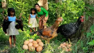 Catch chicken and fish for lunch in forest- Mother grilled chicken &fish eating with my daughter