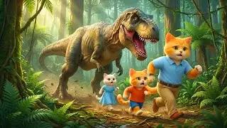 Family Danger: Why Is a Dinosaur Chasing Them? 😨 | Funny Cat Animation